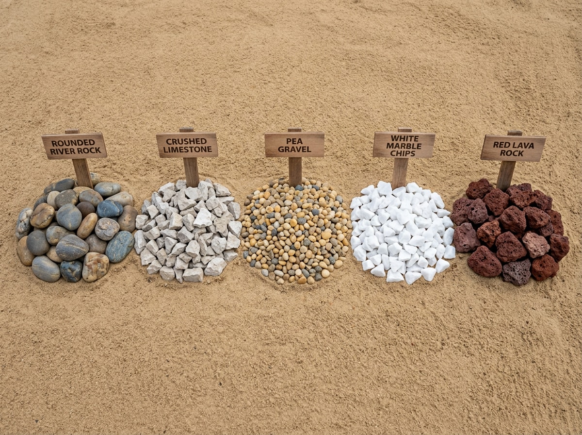 Labeled samples of river rock, crushed limestone, pea gravel, marble chips and lava rock on sand