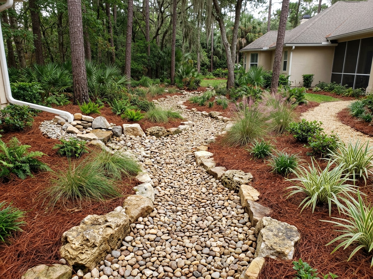 River rock dry creek bed winding through a North Florida landscape bed
