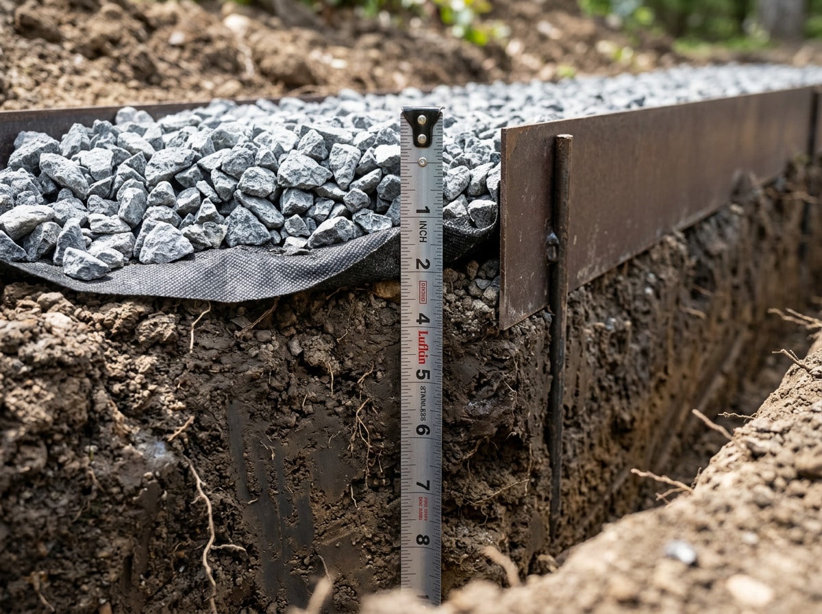 Cross section of a landscape rock bed showing compacted subgrade, weed barrier fabric, steel edging and three inches of stone