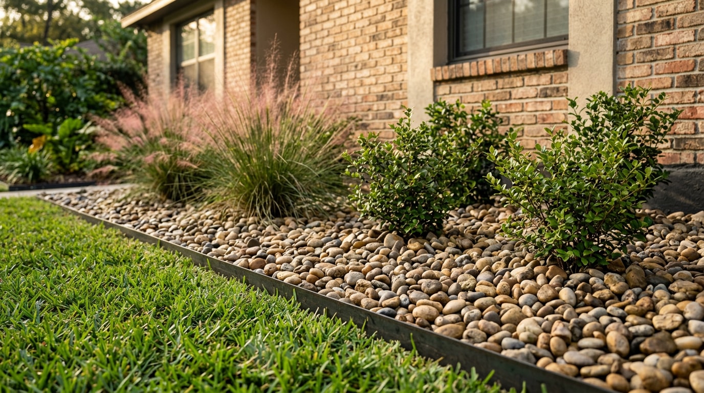 Finished river rock landscape bed with steel edging beside a Havana, FL home