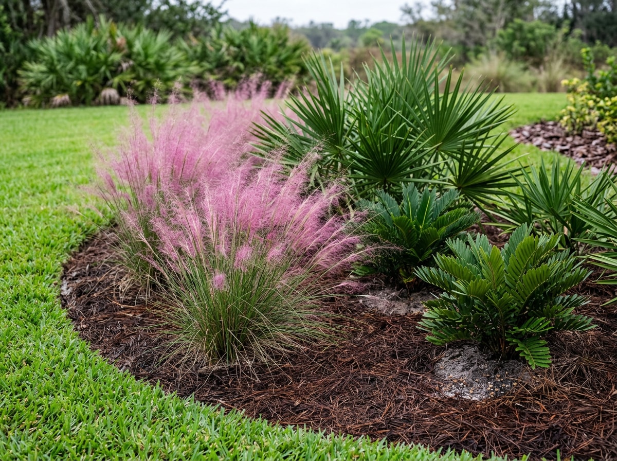 Florida native planting bed with muhly grass, coontie and saw palmetto in sandy North Florida soil