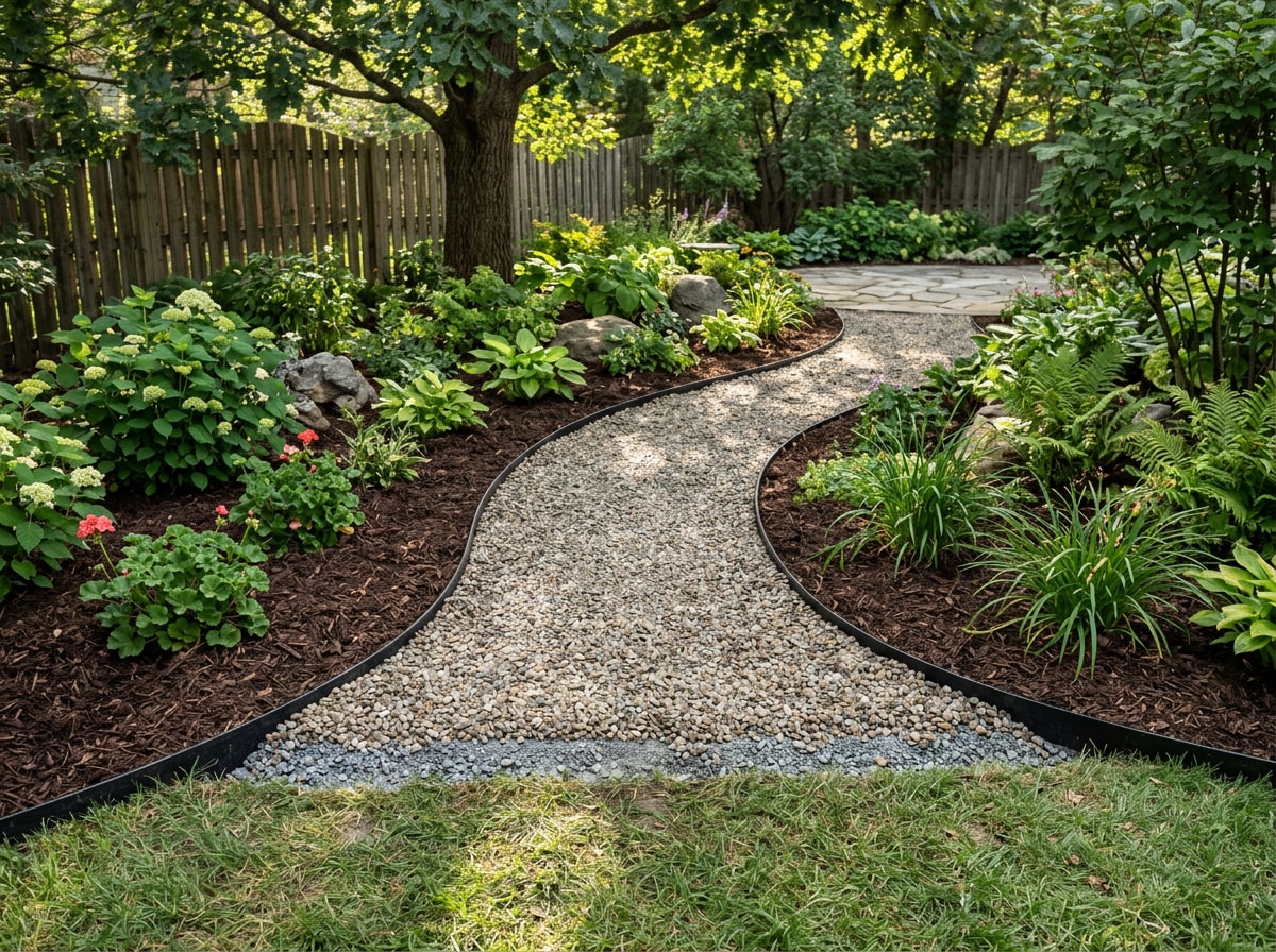 Pea gravel garden path with steel edging curving through a Florida backyard