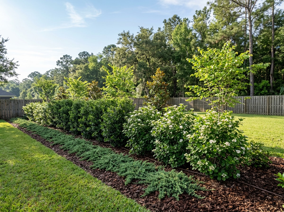 Layered privacy planting with groundcover, shrub row and understory trees screening a backyard property line