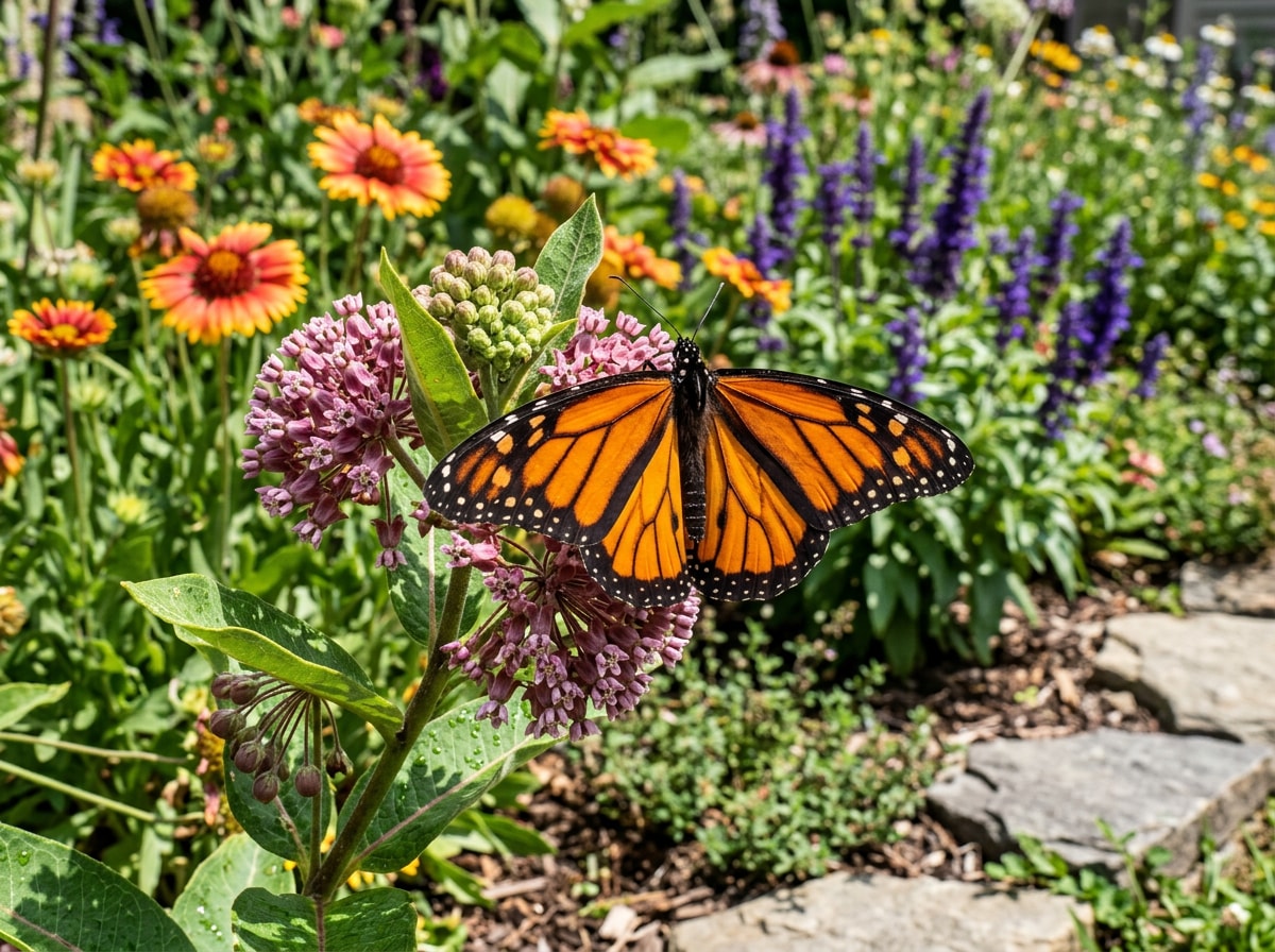 Monarch butterfly on native milkweed in a sunny backyard pollinator bed
