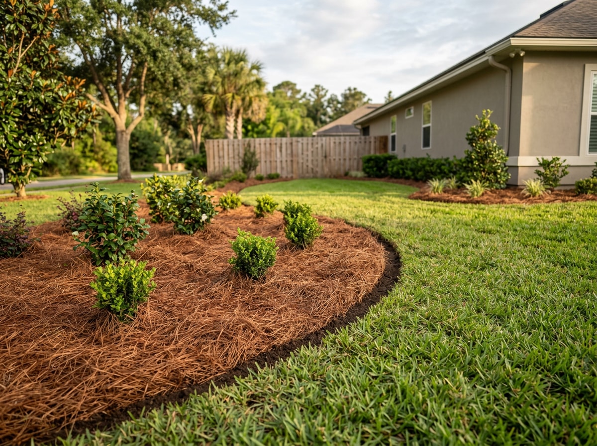 Fresh pine straw mulch bed with clean cut edging in a Woodville backyard
