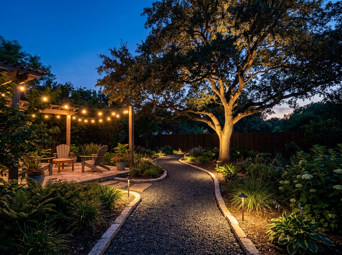 Backyard at dusk with low voltage path lights and uplighting on a live oak