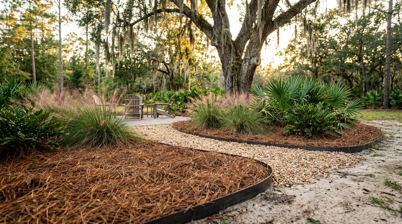 Finished Woodville FL backyard with native plant beds, pine straw mulch and a gravel path
