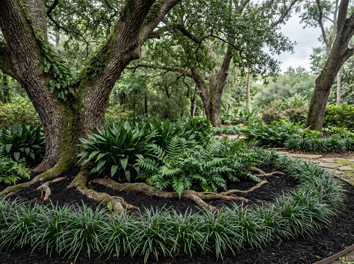 Shaded understory planting bed with holly fern, cast iron plant and liriope beneath mature live oaks