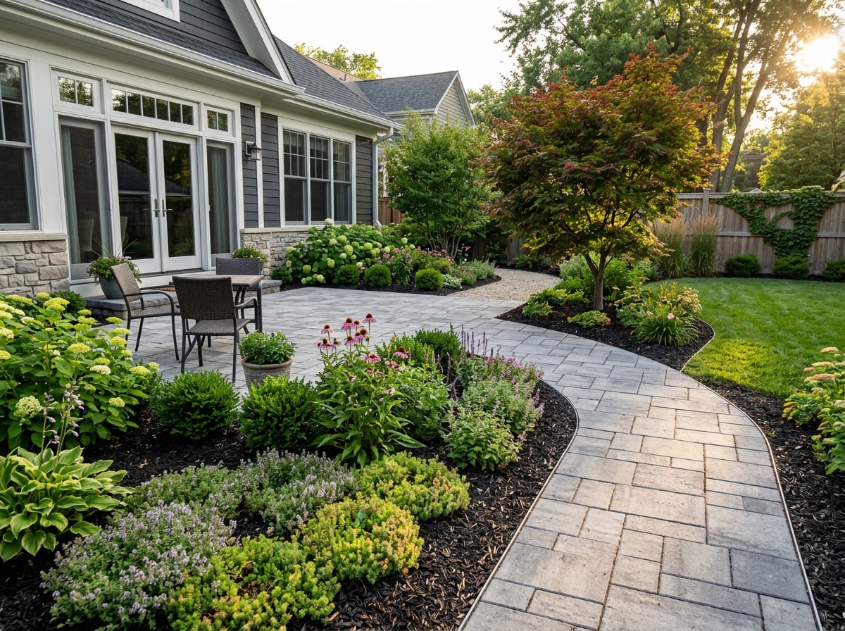 Finished residential yard with layered planting beds bordering a paver patio and walkway