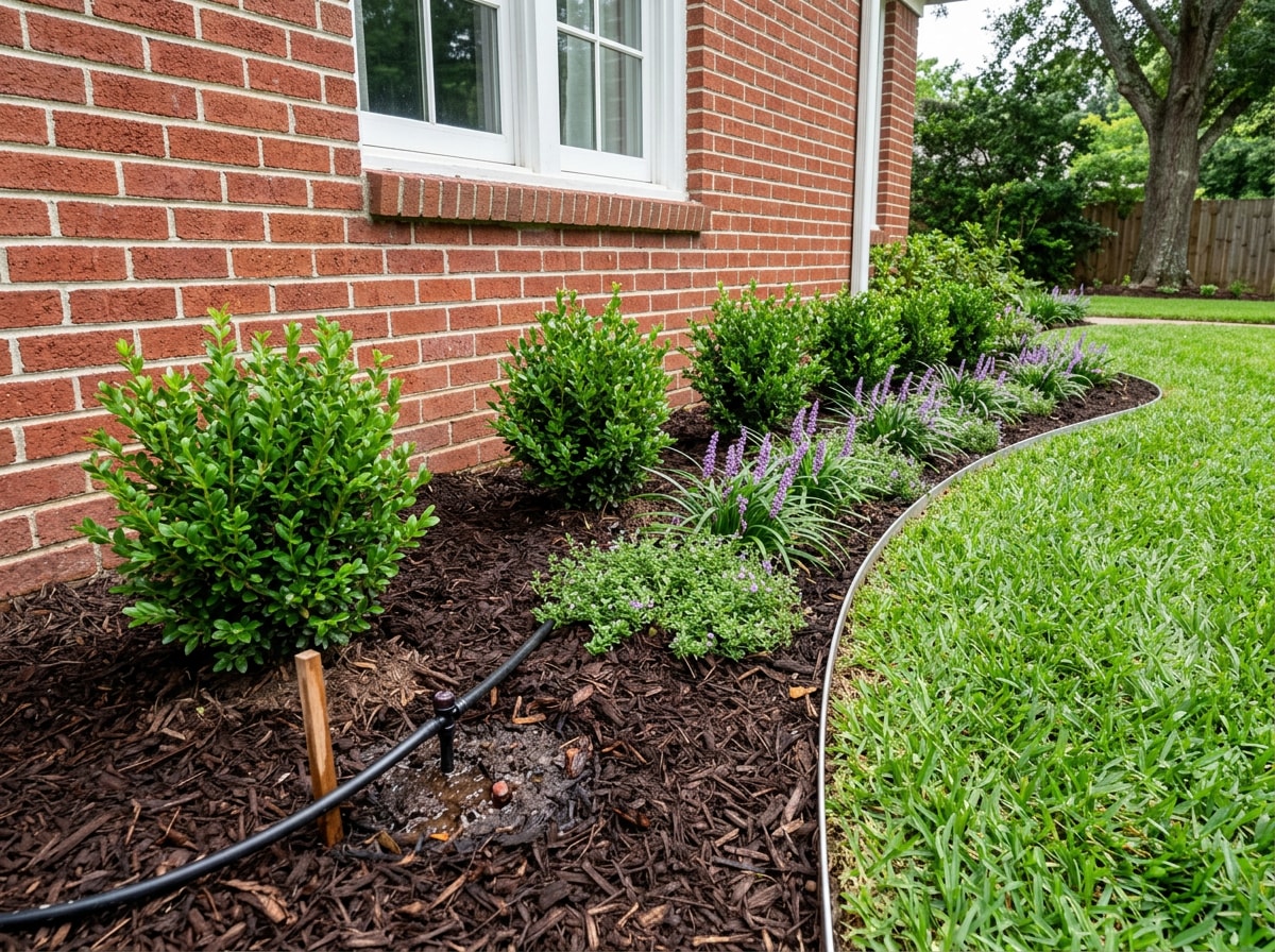 Newly installed shrub and ground cover bed with fresh mulch along a Tallahassee home foundation