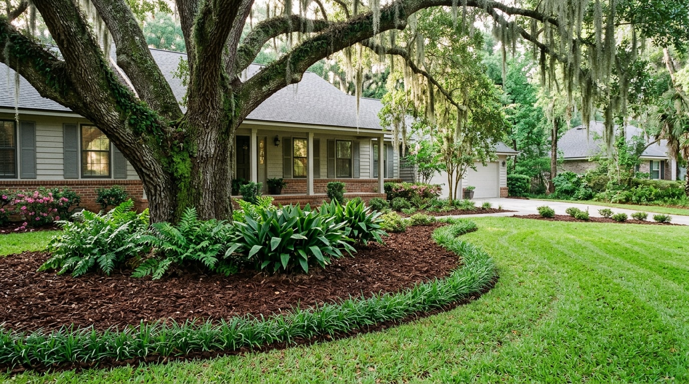 Freshly installed shaded softscape bed with ferns and liriope under a live oak in Betton Hills, FL Freshly installed shaded softscape bed with ferns and liriope under a live oak in Betton Hills, FL