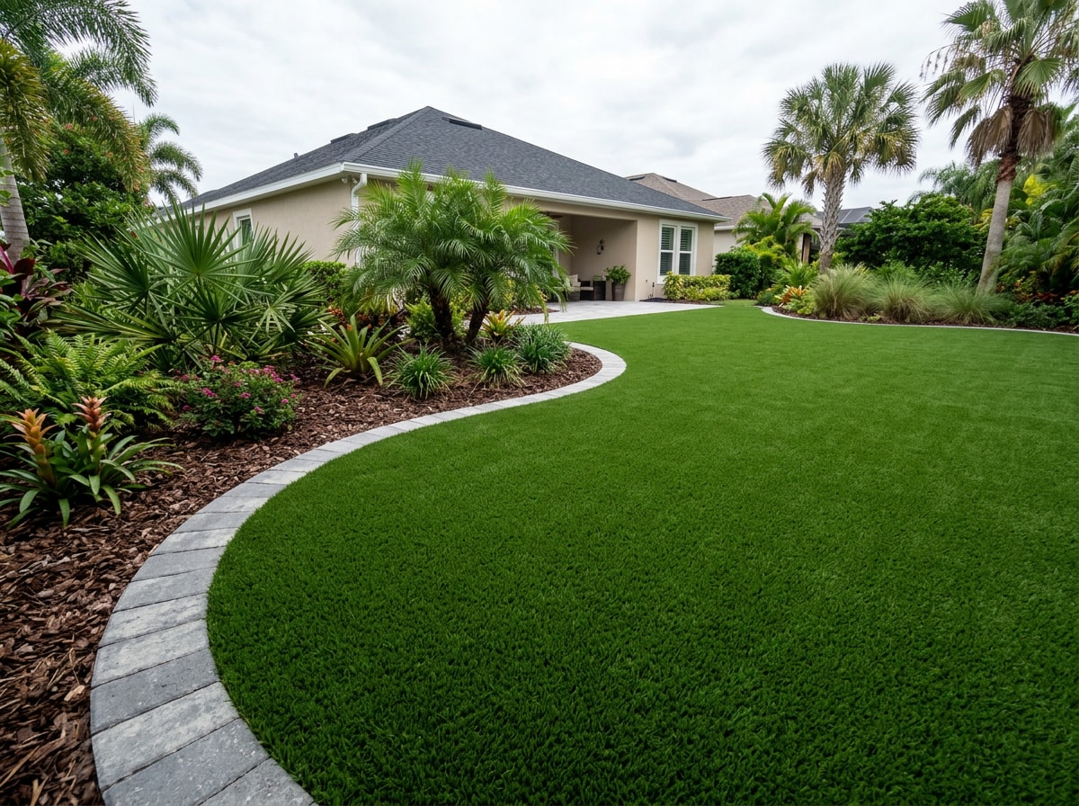 Completed artificial turf lawn in a Centerville, FL backyard with clean paver border