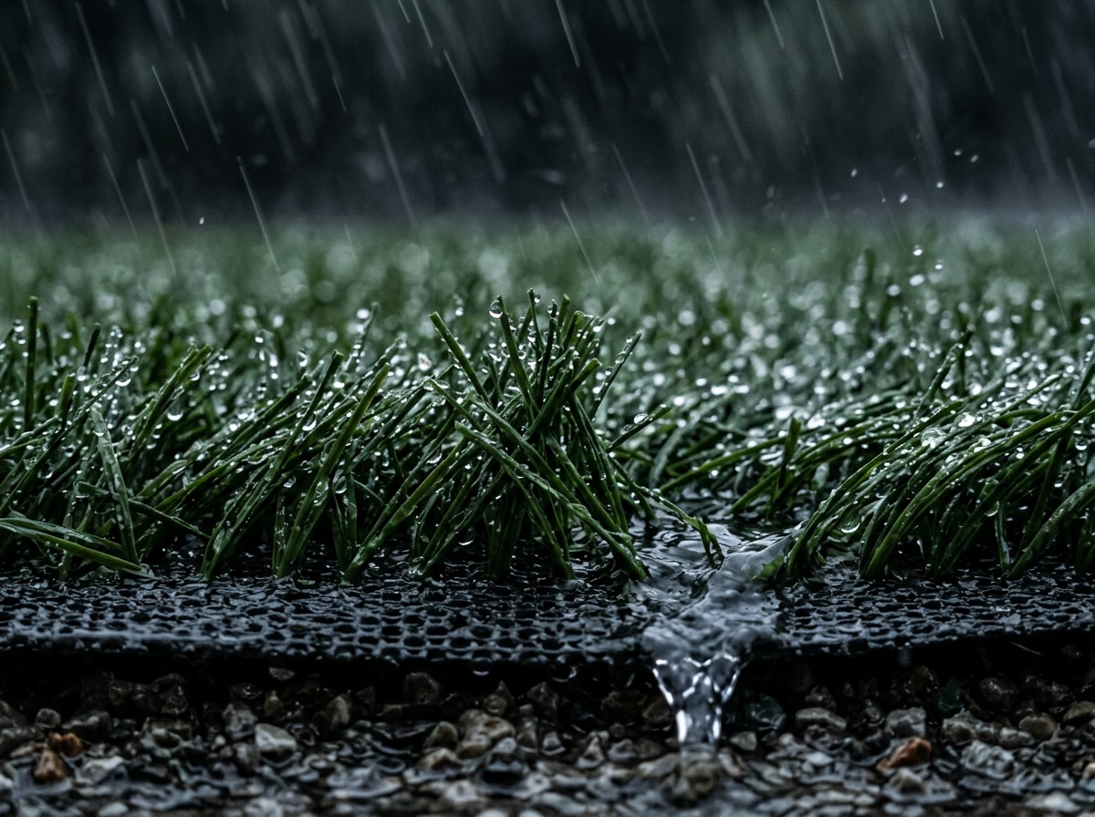 Rainwater draining through artificial turf and permeable backing during a North Florida storm