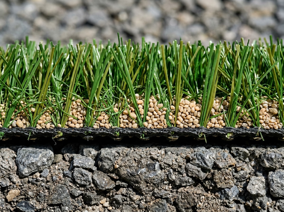 Close up of artificial grass blades and permeable backing after years of Florida sun exposure