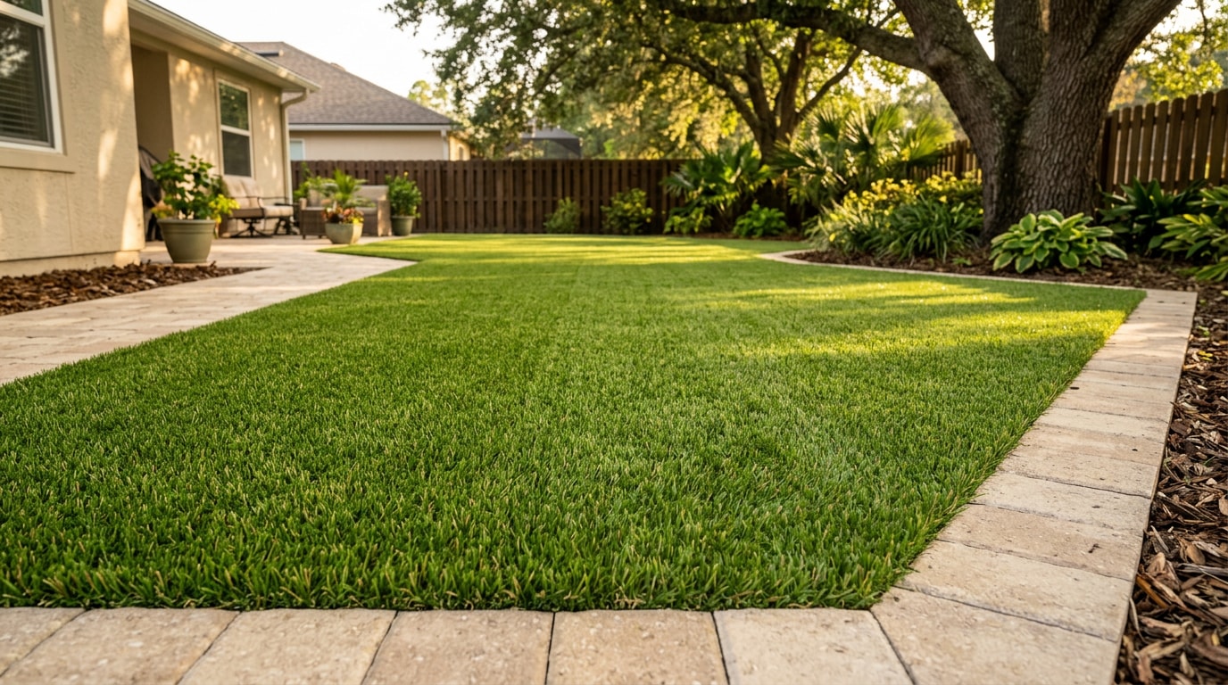 Completed artificial turf installation in a Centerville, FL residential backyard