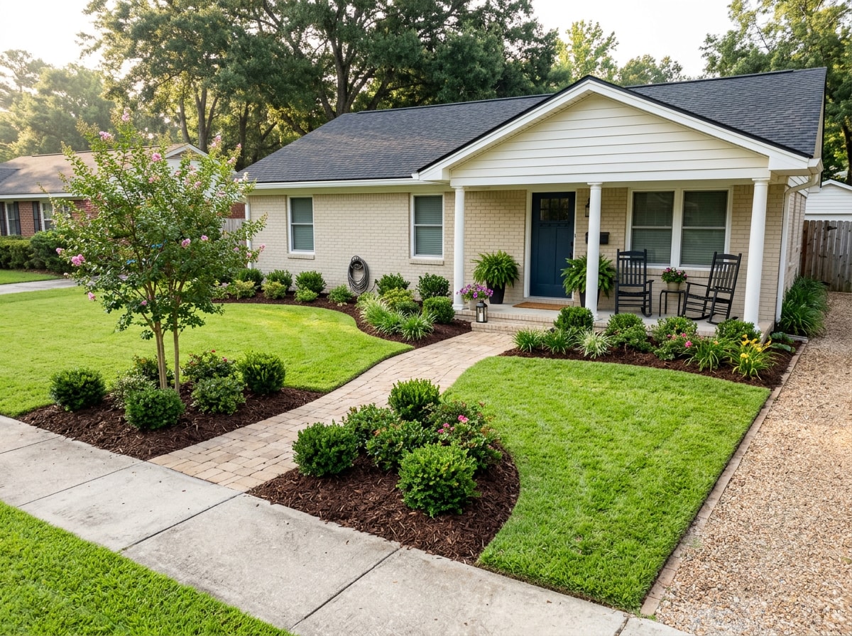 Finished Havana FL front yard with mulched planting beds and a paver walkway