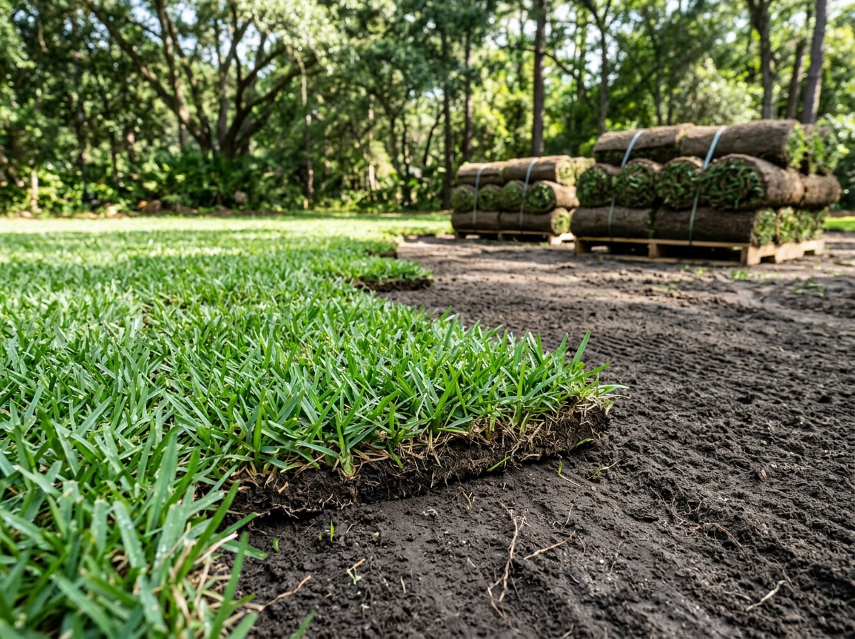 Fresh St. Augustine sod rolls being laid over prepared soil in a North Florida yard
