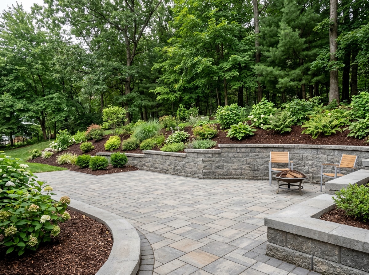 Paver patio with a stacked block retaining wall at a North Florida home