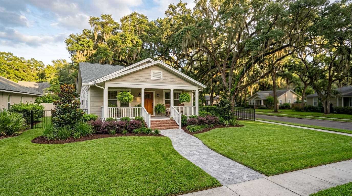 Finished residential landscape with sod lawn, mulched beds and paver walkway in Havana, Florida