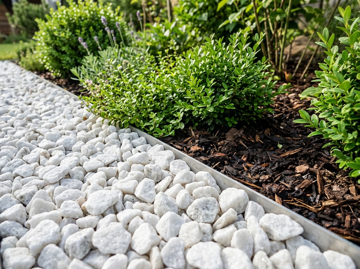 White marble chips used as a garden border around a flower bed