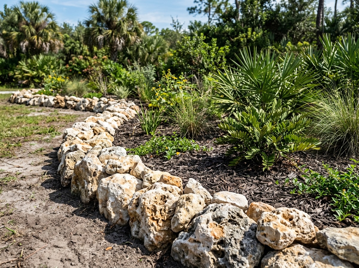 Florida fieldstone boulders used as natural edging in a landscape bed
