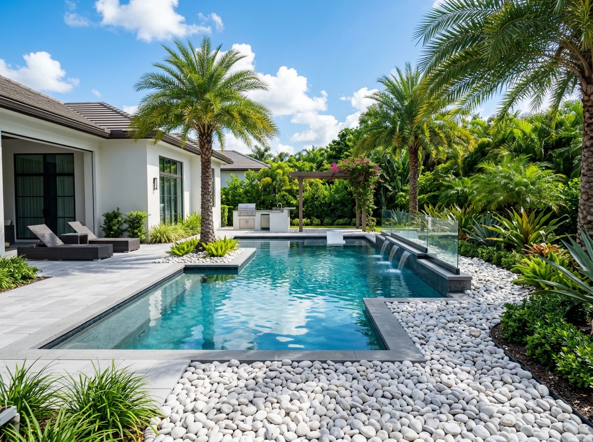 White stone used around a Florida backyard pool deck
