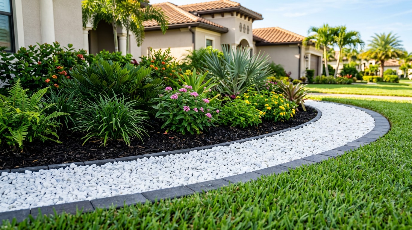 White marble chip stone landscaping border in a Florida front yard White marble chip stone landscaping border in a Florida front yard