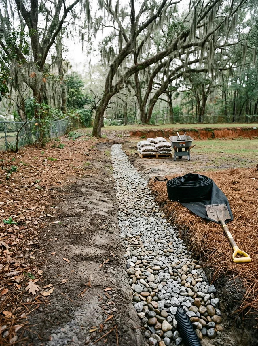 Installed French drain and stone trench carrying runoff across a sloped yard in Bradfordville, FL