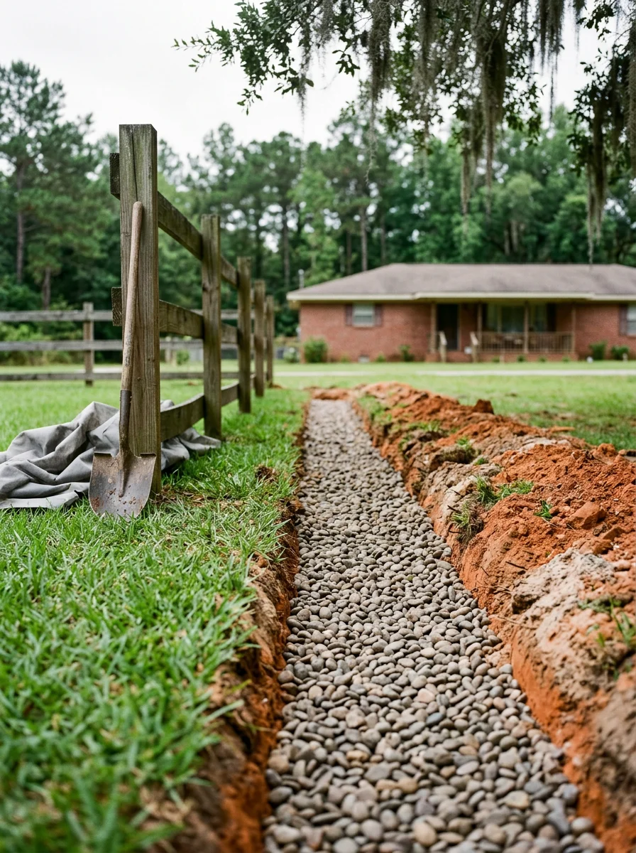 French drain trench with stone backfill in a Gadsden County yard