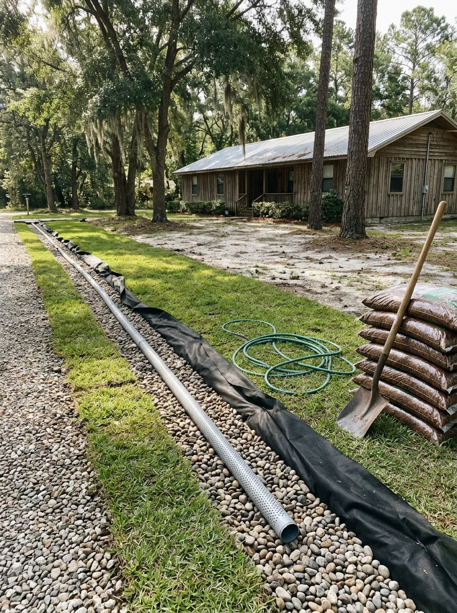 French drain installation along a sloped yard edge in Monticello, Florida