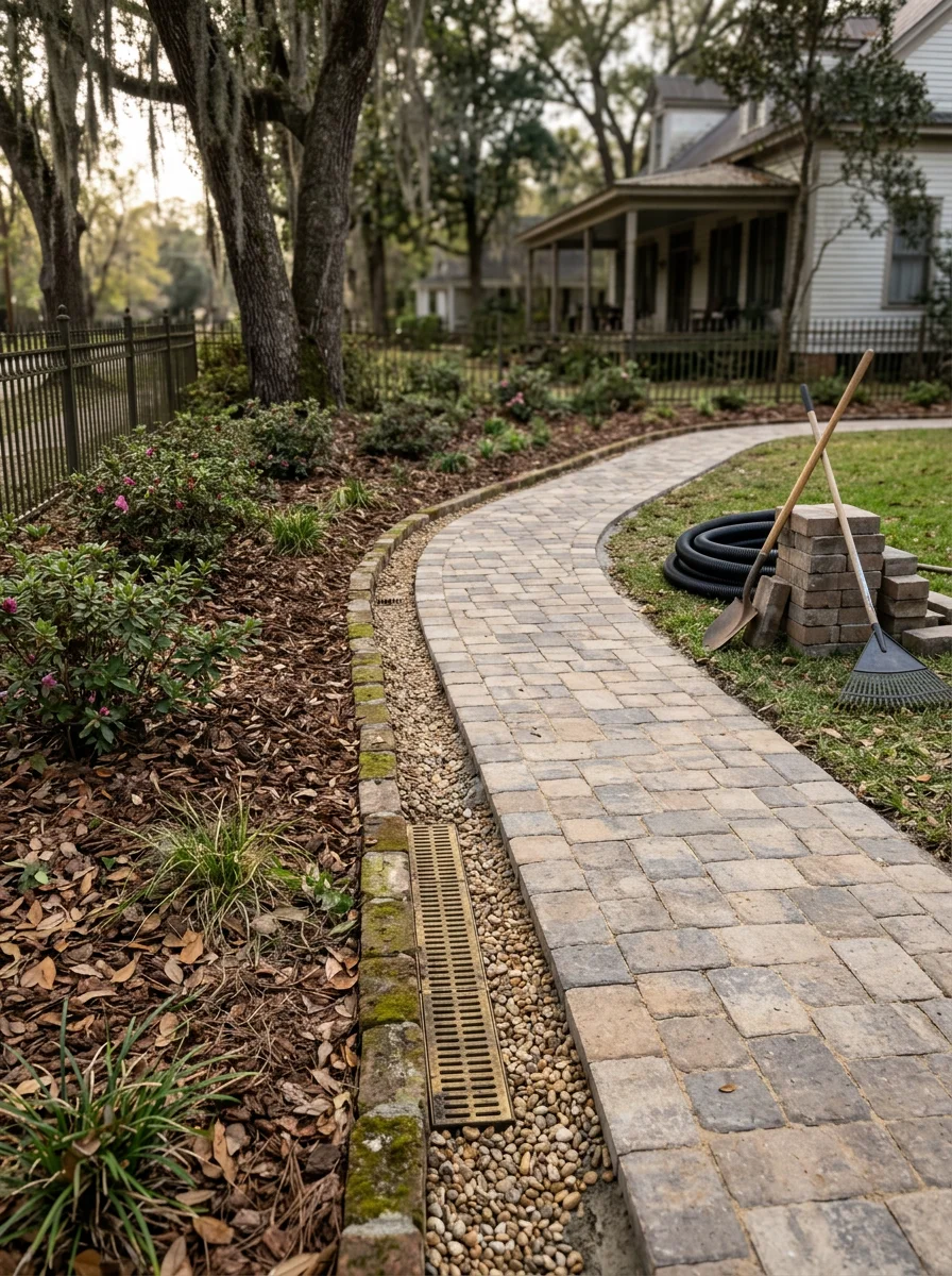 Paver walkway and drainage installation on a historic property in Quincy, Florida