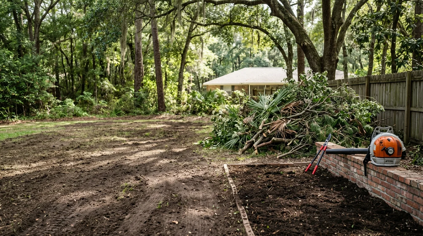 A cleared residential yard in Tallahassee, Florida after a professional clean up, showing open lawn, tidy garden beds, and no leaf or branch debris. Leon County tree canopy is visible in the background.