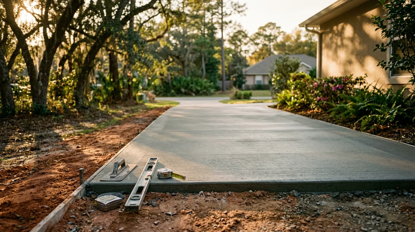 A freshly poured and finished concrete driveway at a residential home in Tallahassee, Florida, with clean edges and a smooth broom-finished surface. The surrounding lawn and landscaping reflect a typical Leon County property.