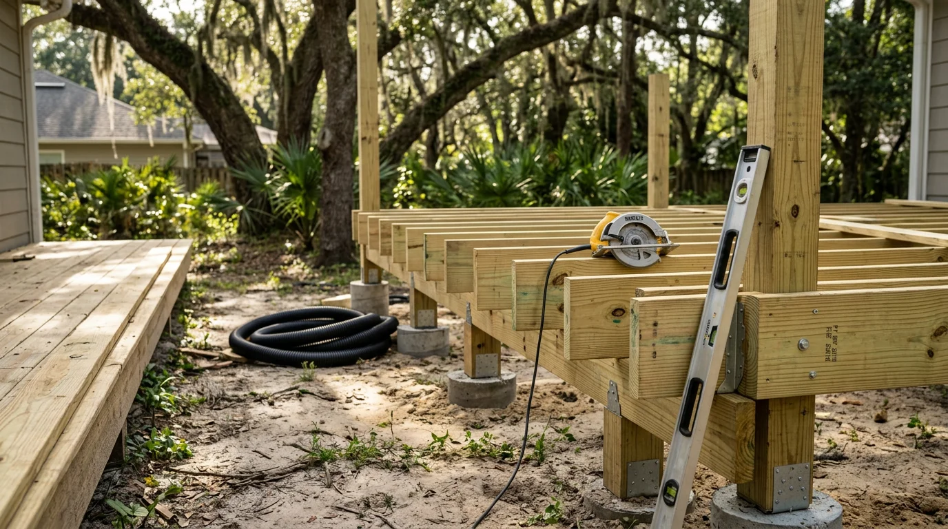 A newly built backyard deck attached to a residential home in Tallahassee, Florida, surrounded by mature trees and lush green landscaping. The deck features clean framing and open railing, suited to the humid North Florida climate.