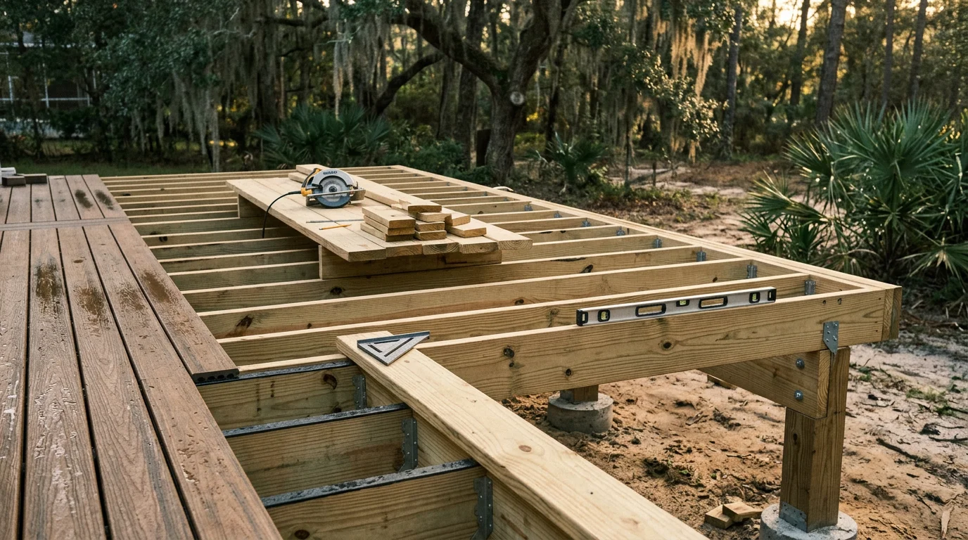 A newly built wood deck attached to the back of a residential home in Tallahassee, Florida, surrounded by mature trees and a green backyard. The deck features clean framing and open railings suited to the Leon County outdoor living style.