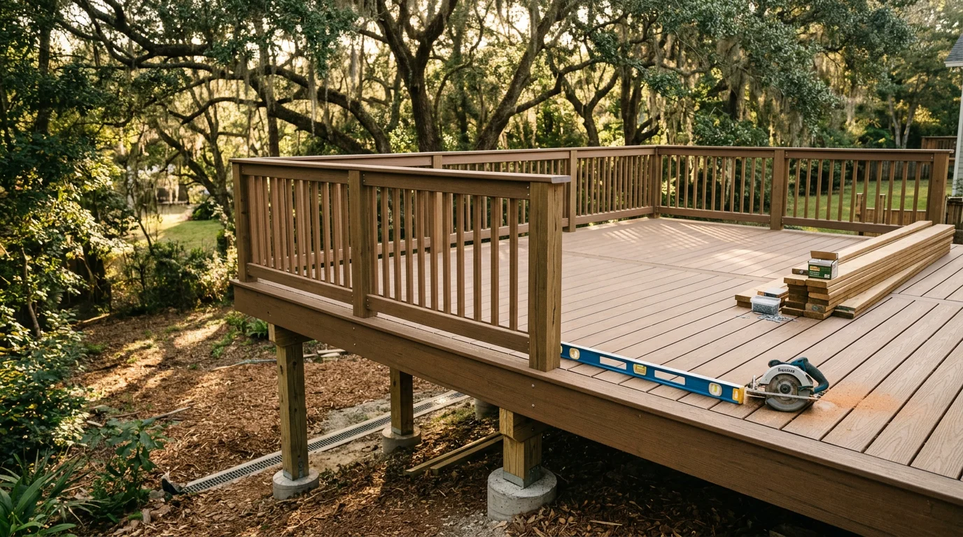 A newly installed wood deck attached to the back of a residential home in Tallahassee, Florida, surrounded by mature trees and a landscaped yard. The elevated deck structure shows clean framing and railing construction suited to Leon County's humid outdoor conditions.