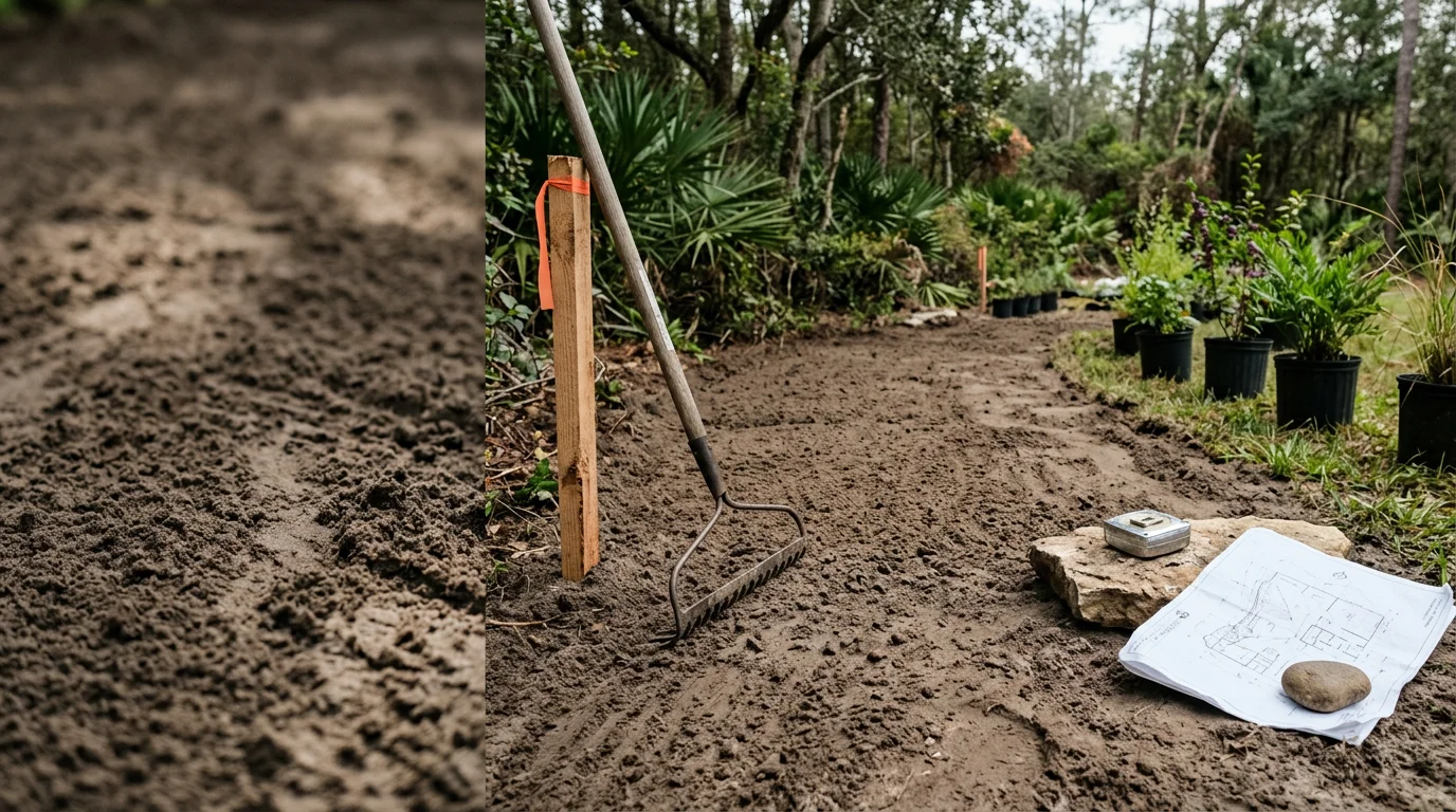 A completed residential landscape design and build project in Tallahassee, Florida, showing shaped planting beds, clean edging, and established shrubs along a home's front exterior. The finished yard reflects North Florida's warm-season growing conditions with a structured, low-maintenance layout.