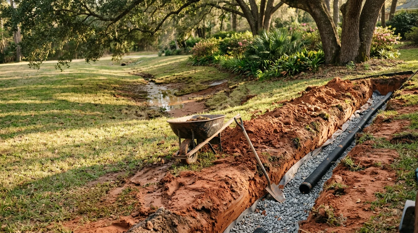 A Tallahassee residential backyard after drainage grading work, showing a gently sloped lawn with no standing water following heavy rain. Leon County red clay soil is visible along a freshly shaped swale directing runoff away from the home's foundation.