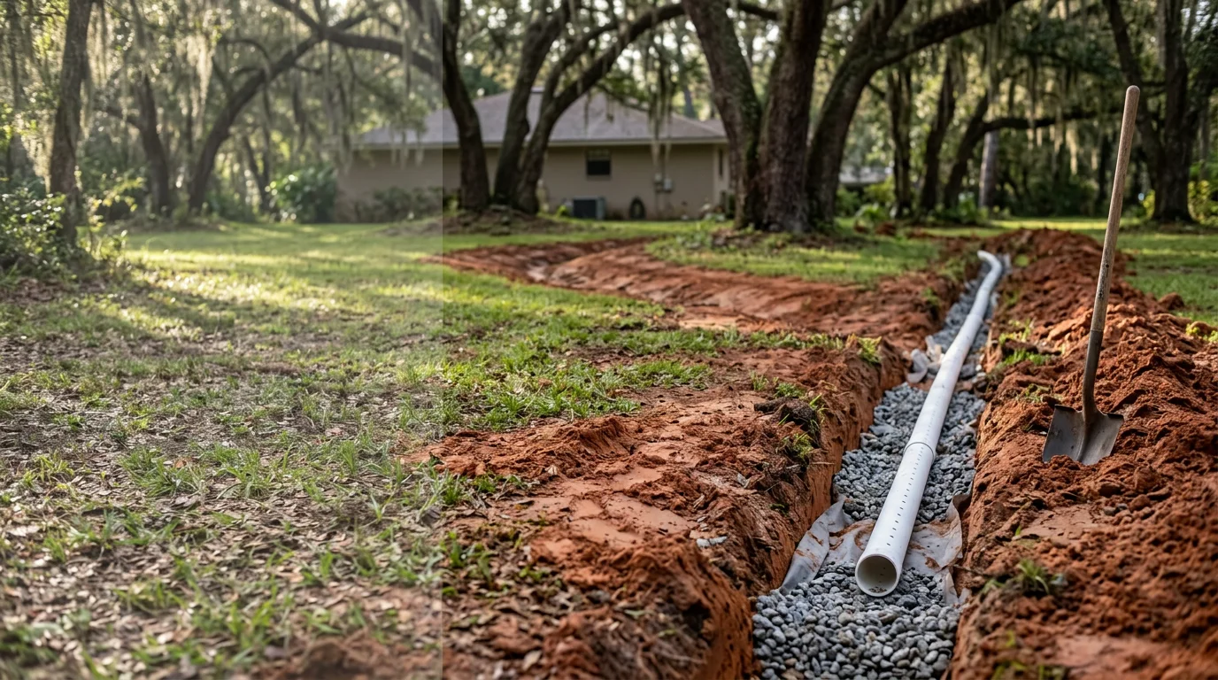 A graded residential yard in Tallahassee with a newly installed French drain channeling water away from the home's foundation. The surrounding lawn shows no standing water following a heavy rain event.