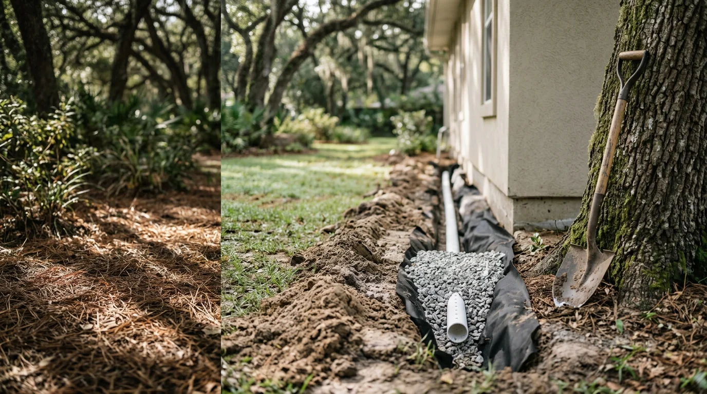 A residential yard in Tallahassee, Florida with a newly installed drain system channeling water away from a grass lawn toward a gravel-lined outlet. The surrounding turf is green and level, with no visible standing water after a rain event.