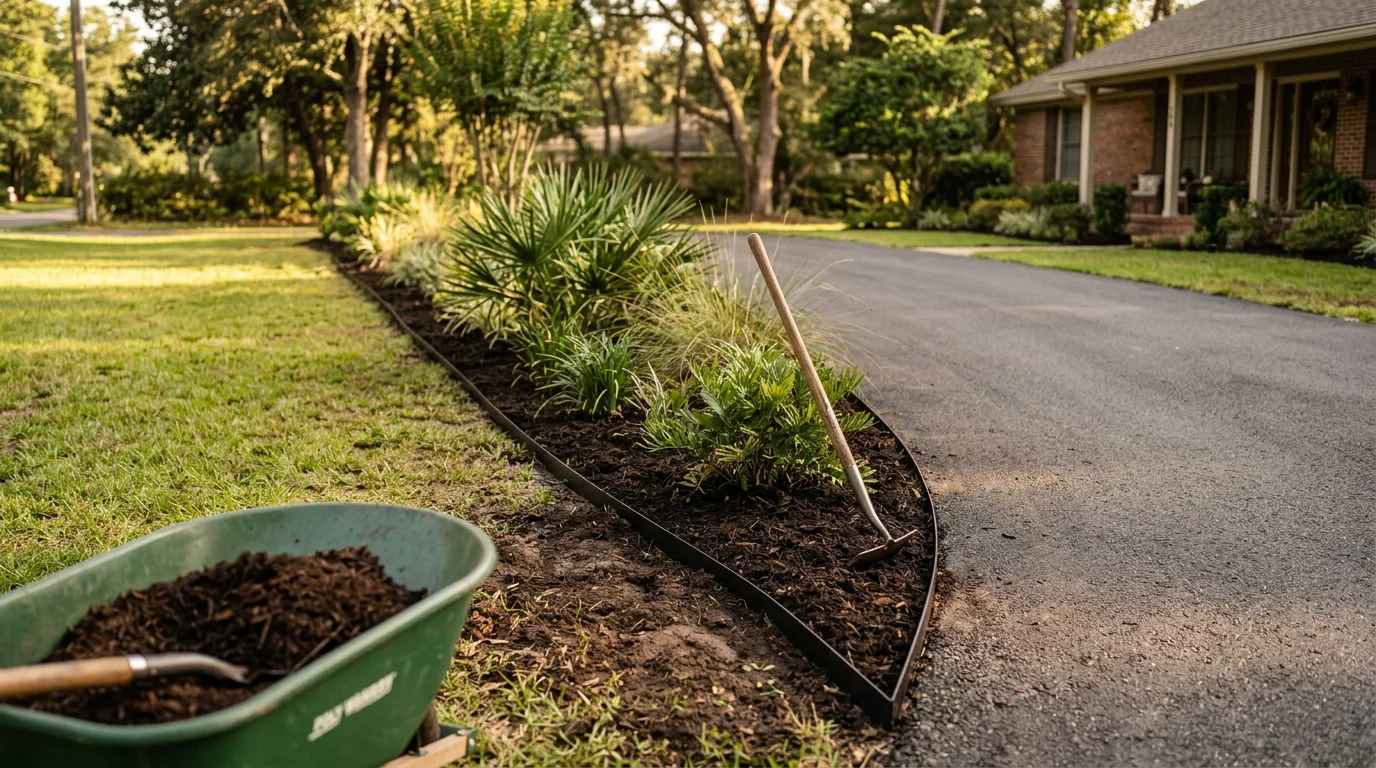 Freshly landscaped driveway border at a Tallahassee home, featuring neatly edged plant beds and low ground cover along a paved driveway in Leon County. The border plantings frame the entry with clean lines suited to North Florida's climate.