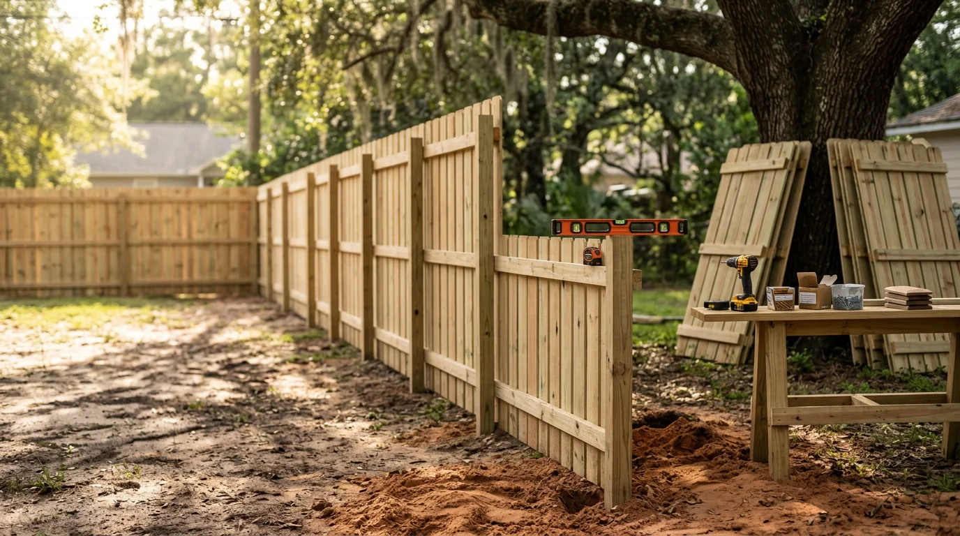 A newly installed wooden privacy fence along the backyard boundary of a residential property in Tallahassee, Florida, with mature trees and green lawn visible. The fence posts are set straight and level on a Leon County residential lot.