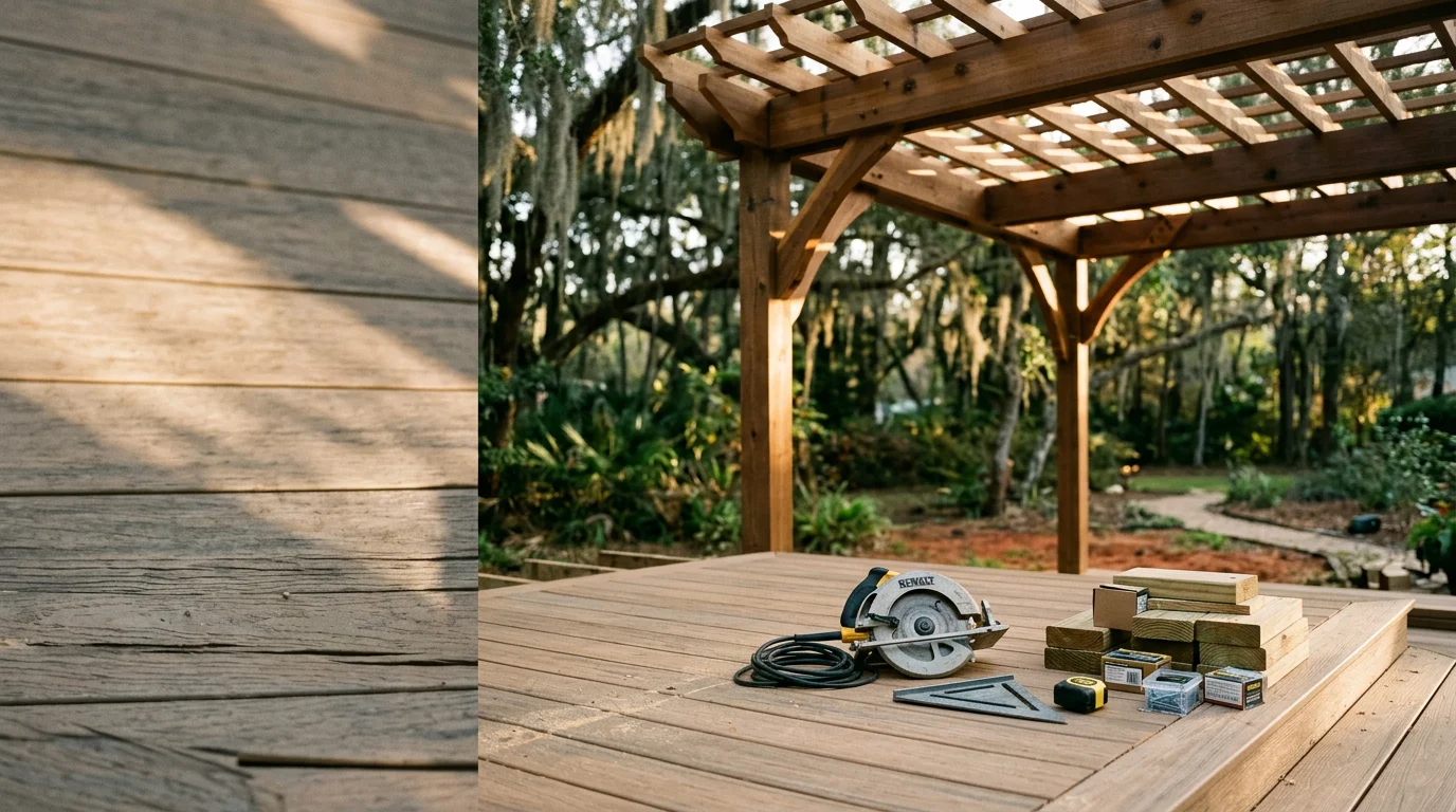 A finished wood pergola and deck built in a Tallahassee backyard, with a privacy fence along the property line and mature Florida trees in the background. The structure shows clean framing and open overhead beams suited to Leon County's outdoor living style.