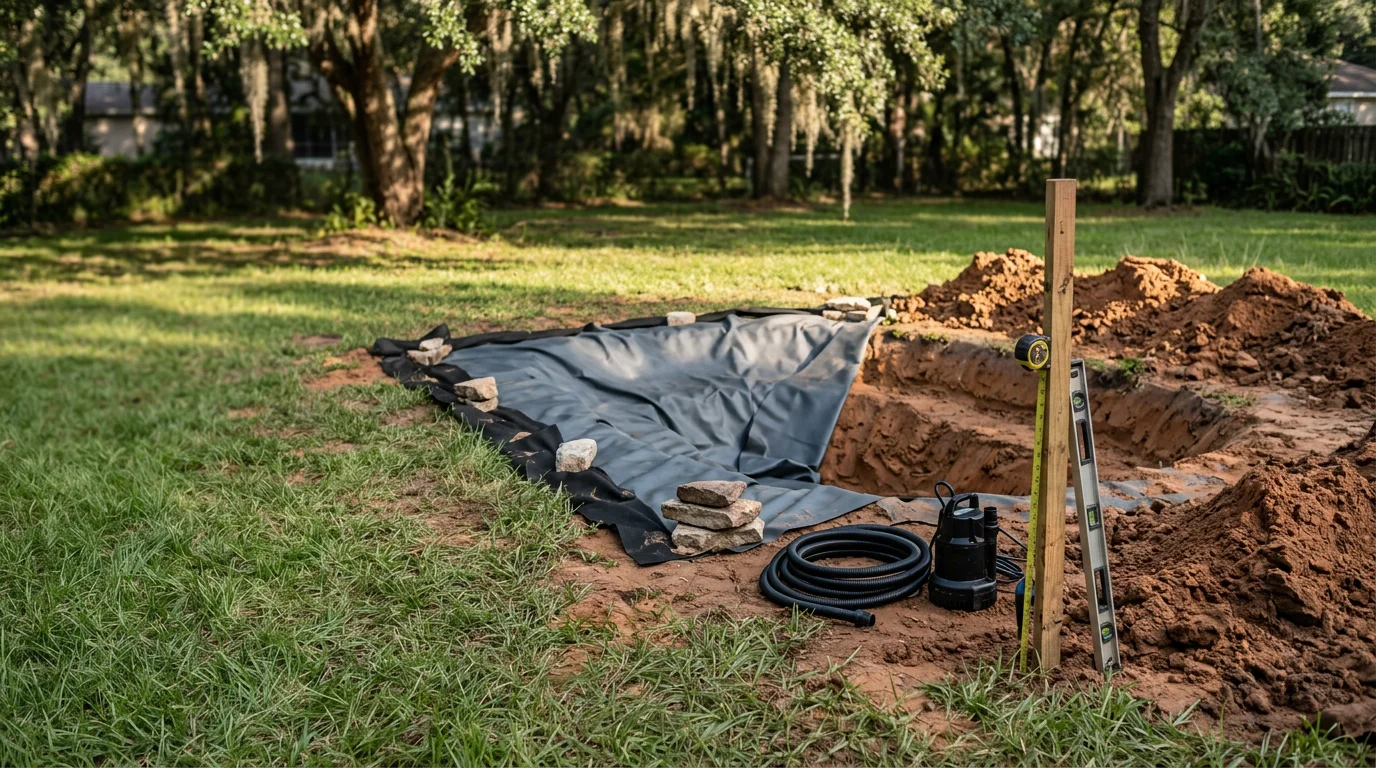 A custom backyard pond with a small fountain feature installed in a Tallahassee, Florida residential landscape, surrounded by native plants and natural stone edging. The water feature is set within a green Leon County yard on a clear Florida afternoon.