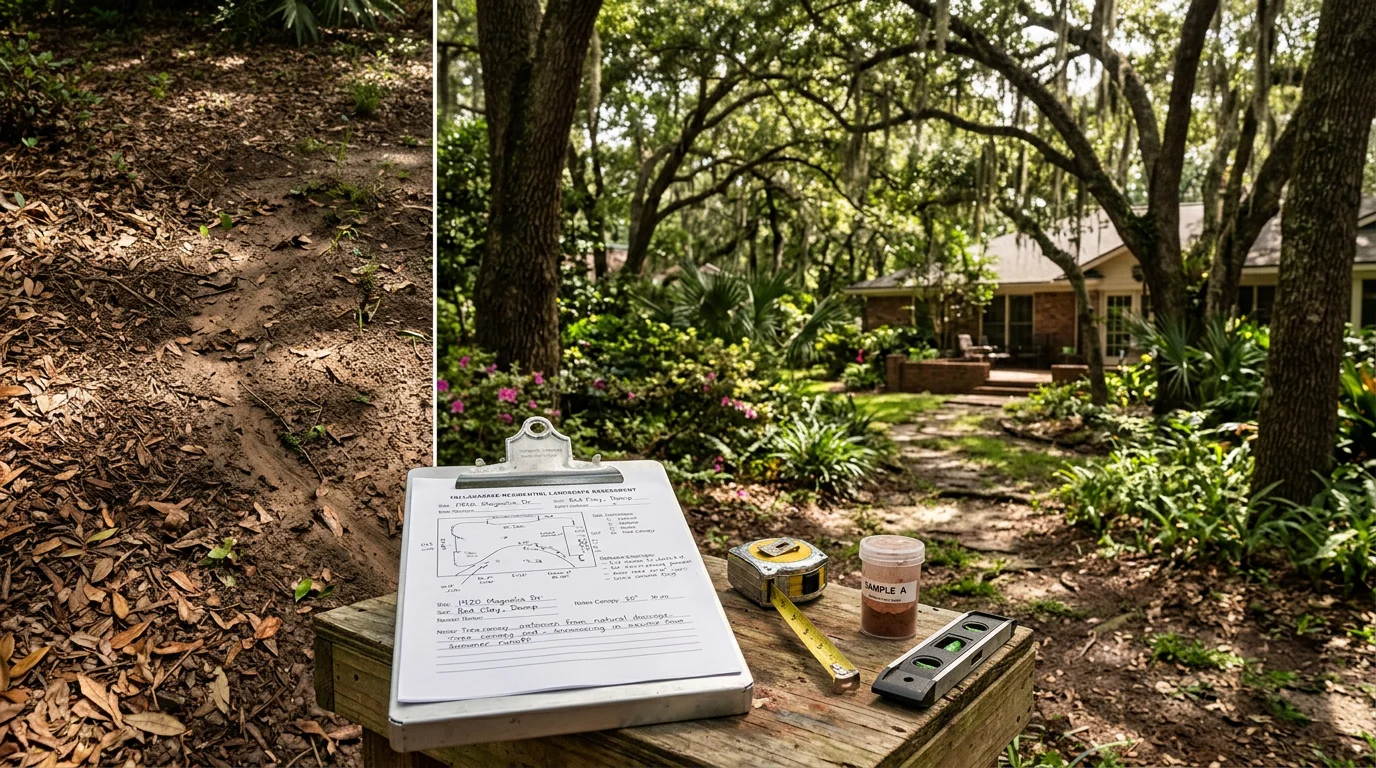 A Talquin Landscaping team member reviewing a residential yard with a homeowner during a free estimate visit in Tallahassee, Florida. The property features mature canopy trees and a lawn typical of Leon County neighborhoods.