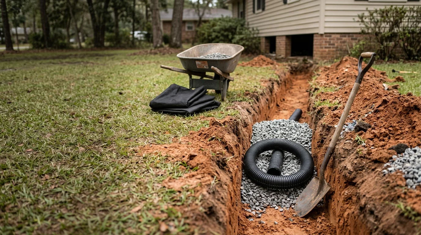 A freshly installed French drain trench filled with gravel running along the side yard of a Tallahassee home, with surrounding lawn restored after installation. The drain channels water away from the foundation across a Leon County residential property.