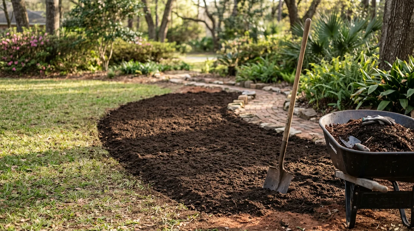 A freshly installed garden bed at a Tallahassee home, with mulched planting areas and neatly arranged plants along the front of the property. The bed reflects the clean, structured style common to Leon County residential landscaping.
