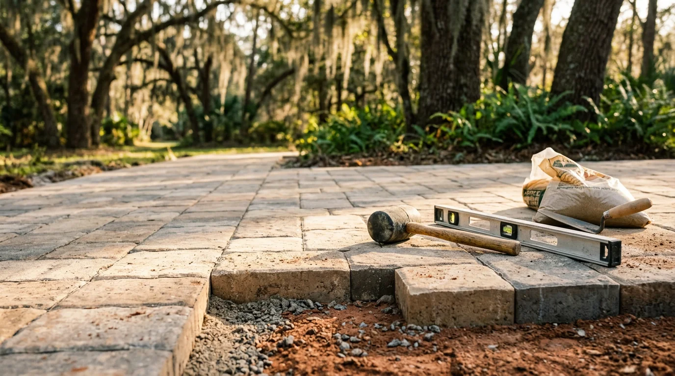 A newly installed paver patio in a residential backyard in Tallahassee, Florida, with clean edge lines and a retaining wall along the property border. The hardscape connects to a walkway leading from the home's rear entrance.