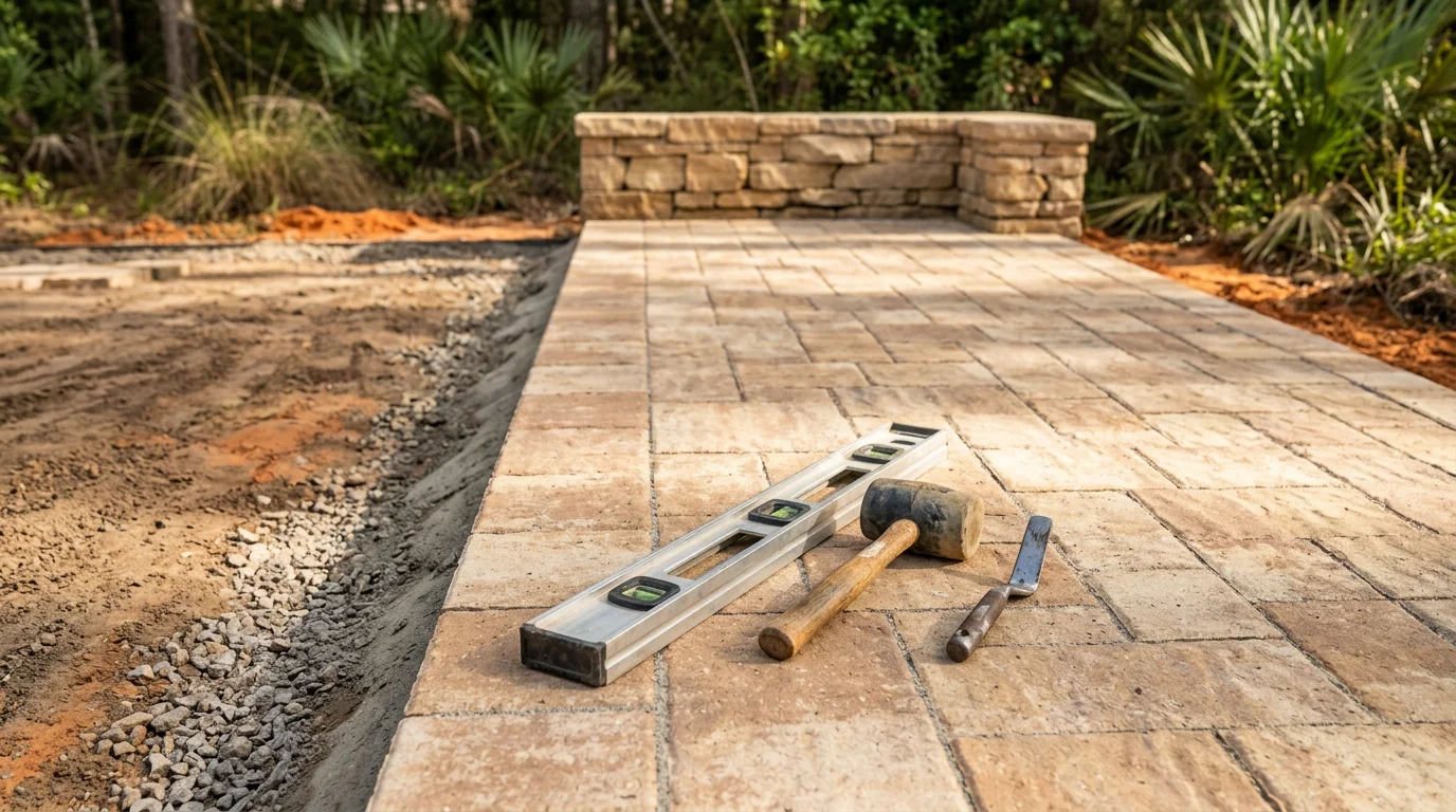 A finished stone patio and retaining wall installed in a residential backyard in Tallahassee, Florida. The hardscape features clean-cut steps, a level paved surface, and a planted border along the wall edge.