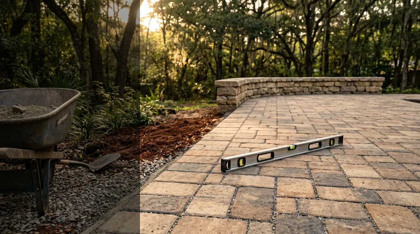 A finished paver patio and retaining wall installed in a residential backyard in Tallahassee, Florida. The hardscape includes defined walkways and an outdoor seating area surrounded by mature landscaping.